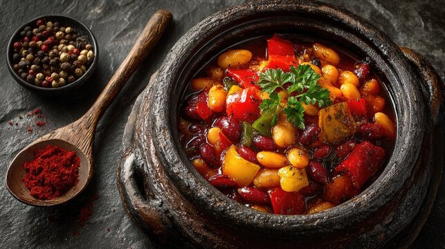 North Macedonia dish Tavce Gravce Baked beans in earthenware pot with peppers and spices