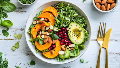 Fresh vegetable salad with lambs lettuce, baked butternut squash or pumpkin, avocado, pomegranate, cashew and almond nuts. Healthy
