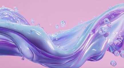 Fluid, iridescent liquid flowing over a soft pink background