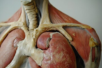 close-up of chest anatomy with muscle layers partially removed to show lungs and heart placement 
