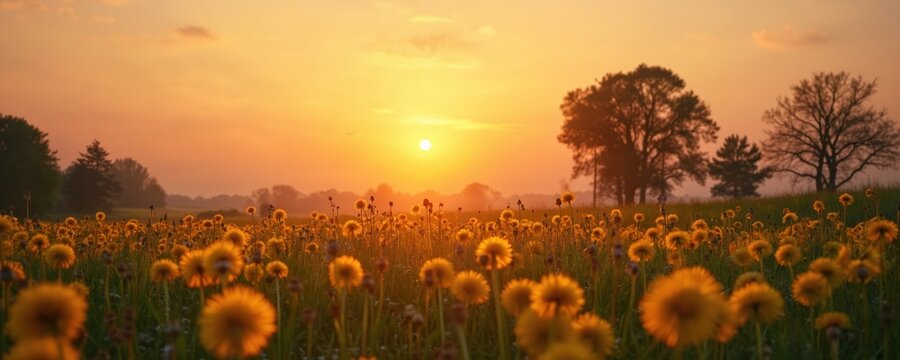 Field of dandelions under warm sunrise sky. Golden light shines on yellow flowers and green grass. Trees silhouette against orange horizon, peaceful morning. - Powered by Adobe
