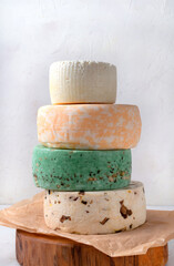 Assorted cheese : caciotta classic , with mushrooms, green with pine nuts and marble queso fresco made of cow milk. Semi-hard cheeses variation set