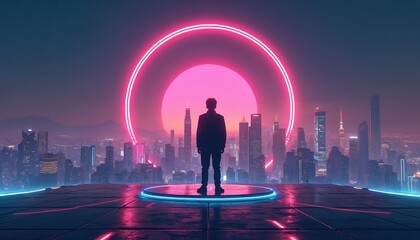 Fototapeta premium Man stands on platform before cityscape at night. Neon lights glow in futuristic metropolis. Modern tech concept illustrates innovative development and technological progress.