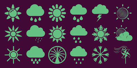 Collection of Weather Icons: Sun, Clouds, Rain, Snowflakes, Lightning, and Windmill