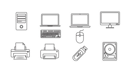 Collection of hand-drawn computer hardware icons for digital and print projects vector