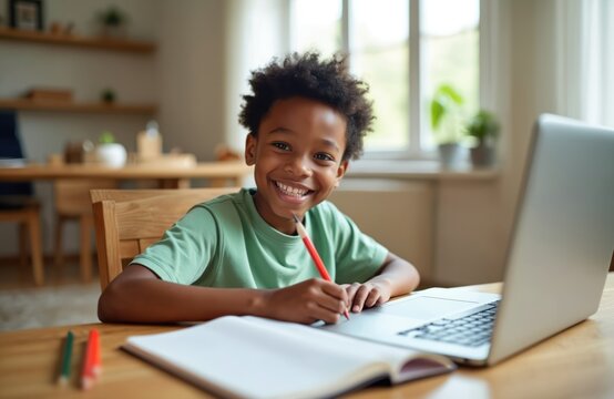 Young african american boy smiles while doing schoolwork on laptop at home. He writes in notebook with pencil, learning remotely. Cute kid uses computer for online class.
