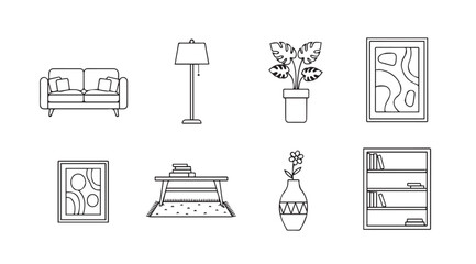 Hand drawn line art furniture and decor objects for interior design home decoration collection vector