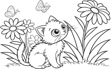 Fototapeta premium Black and white cat cartoon illustration with butterfly, flowers, and floral nature pattern for children's coloring book design