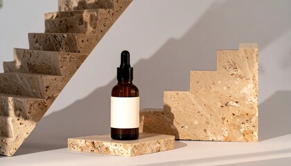 Amber Dropper Bottle on Travertine Stairs Mockup