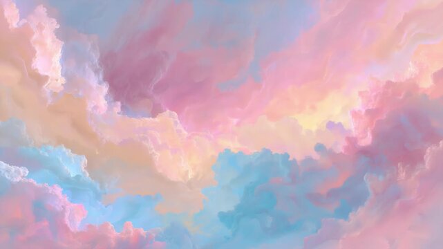colorful sky with pink, blue and purple clouds. The sky is filled with fluffy clouds that look like they are made of cotton candy. The colors of the clouds create a dreamy and whimsical atmosphere