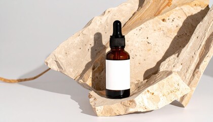 Amber Dropper Bottle Mockup on Travertine Stone