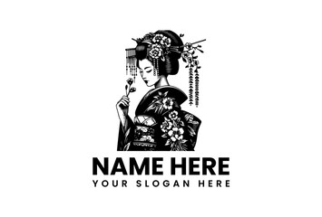 Japanese Woman Holding Flower - Elegant Geisha Illustration