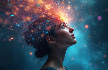 Woman experiences data explosion from mind. Abstract digital universe surrounds her head. Futuristic concepts fly outwards, representing information overload and AI.
