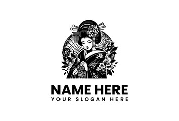 Elegant Japanese Geisha Illustration Logo Template with Traditional Kimono and Floral Accents, a Beautiful Customizable Vector Graphic for Cultural Branding