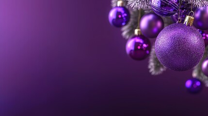 Photorealistic Christmas-themed purple background with ornaments and spruce branches on right, text space, minimalistic style for banner designs.