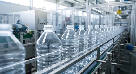 ultra detailed macro photograph of plastic bottles being recycled in a clean facility