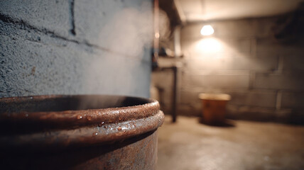 Fototapeta premium Atmospheric basement with old bucket and dim lighting.