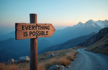 Wooden signpost displays Everything possible against dramatic blue hour sunset mountain backdrop. Winding road leads into distance journey, aspiration. Image conveys hope, limitless potential for