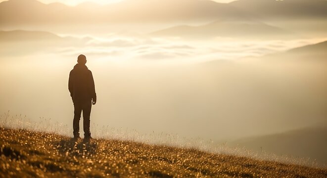 Man standing on a hill overlooking a misty valley at sunrise.