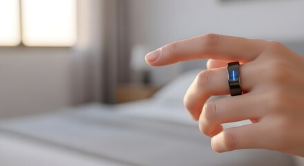 Close up of a persons hand wearing a modern black smart ring with a notification icon.