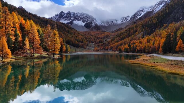 drone view of scenic autumn alpine lake in the Alps, alpine tranquil lake in autumn, beautiful seasonal landscape in the Hautes Alpes, France