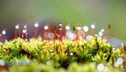 Macro Photography of Moss with Dewdrops