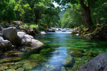 Fototapeta premium Serene river flows gently through lush green forest during bright summer day