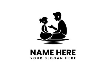 Minimalist black silhouette icon depicting a caring adult and child in thoughtful discussion, symbolizing education, family guidance, and nurturing intergenerational relationships