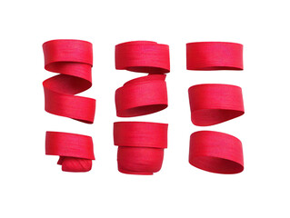Red ribbon curl set isolated on transparent background features various twists and loops perfect for decoration gift wrapping festive crafts and creative projects adding cheerful touch