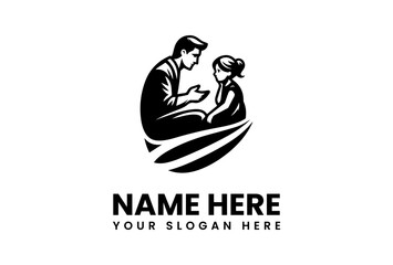 A caring mother or teacher shares a story with a child in this elegant silhouette emblem, symbolizing parenting, education, and guidance in a timeless circular vector design