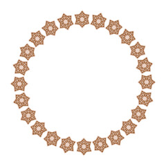 Circular arrangement of 24 symmetrical star-shaped elements resembling snowflakes or mandalas. Decorative geometric design with perfect radial symmetry. Vector illustration