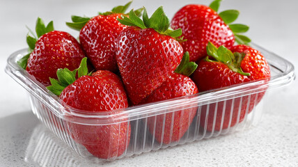 Fresh strawberries in a clear plastic container.