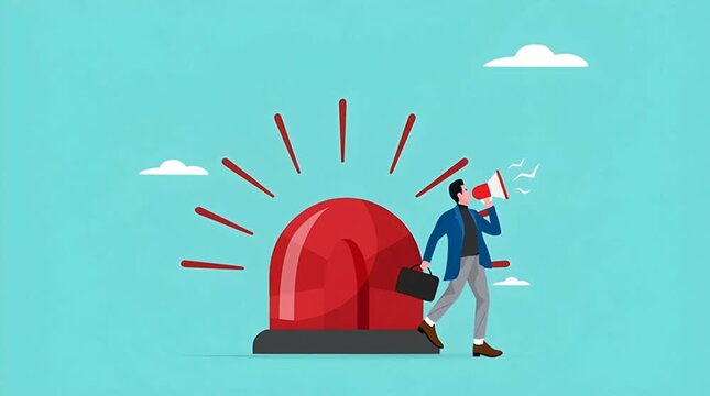 state of emergency declaration, provide emergency information to others as a precaution, warning about danger concept, businessman with megaphone giving instructions about current state of emergency