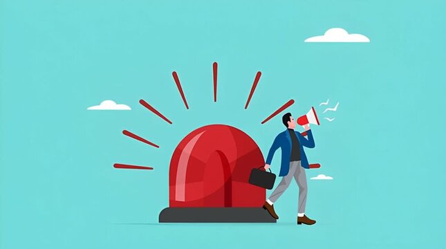 state of emergency declaration, provide emergency information to others as a precaution, warning about danger concept, businessman with megaphone giving instructions about current state of emergency