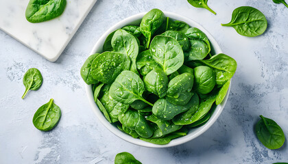 Obraz premium Fresh spinach leaves on white plate. Healthy vegan food. Top view