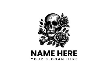 A detailed monochrome illustration of a human skull adorned with blooming roses and crossbones, a classic gothic tattoo style emblem
