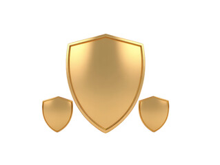 Gold shield security protection emblem blank metallic shiny three isolated symbol Gold shield emblem with two smaller shields metallic and shiny symbolizing security and protection isolated