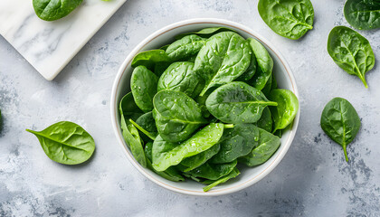 Obraz premium Fresh spinach leaves on white plate. Healthy vegan food. Top view