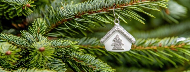 A delicate white and silver ornament hangs on a lush Christmas tree adorned with pine branches and winter decorations in a festive setting