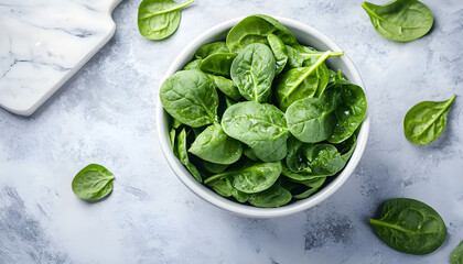 Obraz premium Fresh spinach leaves on white plate. Healthy vegan food. Top view
