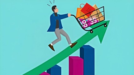 food price inflation, Inflation causing grocery price rising up, food or economic crisis that causes food prices rising up, Businessman push shopping carts filled with food items up the price chart - Powered by Adobe