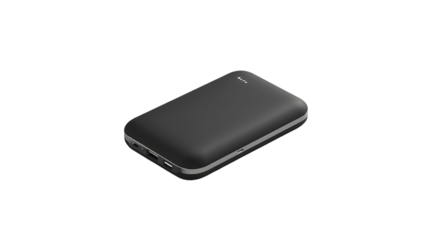 Black power bank isolated on transparent background, a portable charger for electronic devices and mobile phones