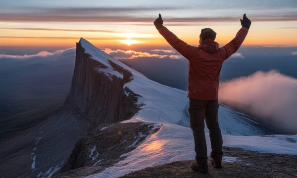 Person celebrates peak achievement with raised arms as the sun sets over snowy mountain range