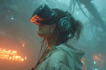 Futuristic cyberpunk woman immersed in virtual reality wearing advanced vr headset and headphones in neon lit environment