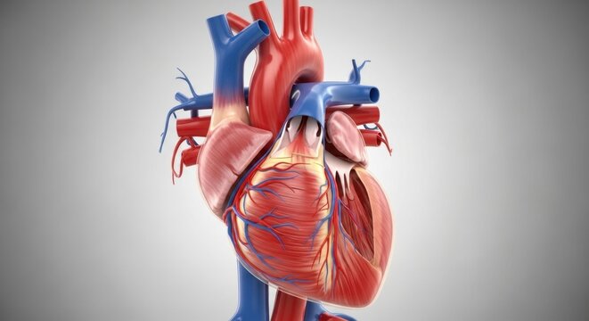 Detailed heart anatomy illustration for medical research or educational use, showcasing healthy cardiovascular system and intricate blood flow dynamics