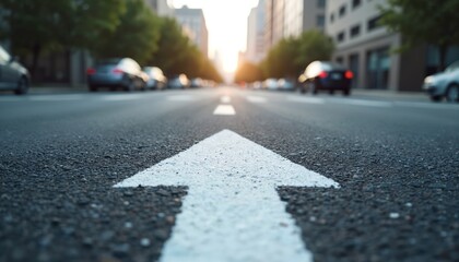 White arrow painted on asphalt road heading towards cityscape buildings at sunset. Cars drive along the urban street signifying progress and direction.