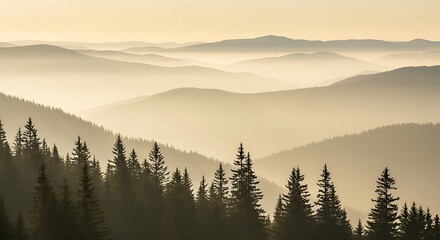 Obraz premium Misty Mountain Landscape with Pine Trees at Sunrise.