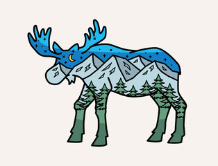 Vector graphic of a moose silhouette filled with a blue and green mountain, forest, and river landscape.