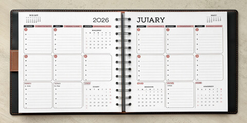 An open spiral bound planner showing a weekly spread for the month of july with ample space for appointments notes and to do lists organized for efficient time management and productivity