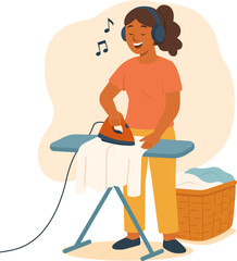 Flat vector illustration of a woman ironing clothes and listening to music through headphones. Perfect for home cleaning concepts, lifestyle design, or housekeeping services.